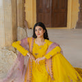 Elegant Mustard Yellow Embroidered Georgette Gown with Dupatta