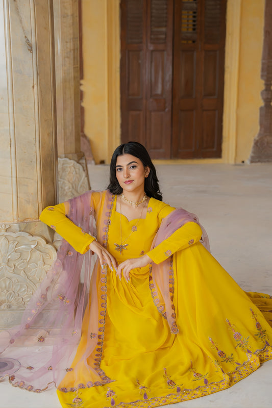 Elegant Mustard Yellow Embroidered Georgette Gown with Dupatta