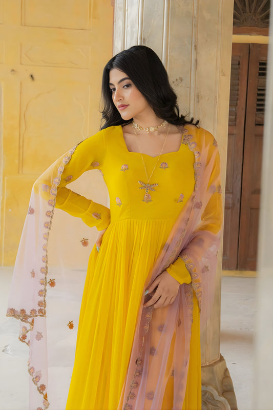 Elegant Mustard Yellow Embroidered Georgette Gown with Dupatta