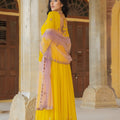 Elegant Mustard Yellow Embroidered Georgette Gown with Dupatta