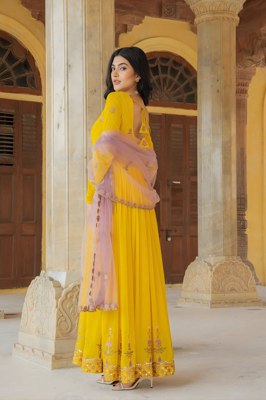 Elegant Mustard Yellow Embroidered Georgette Gown with Dupatta