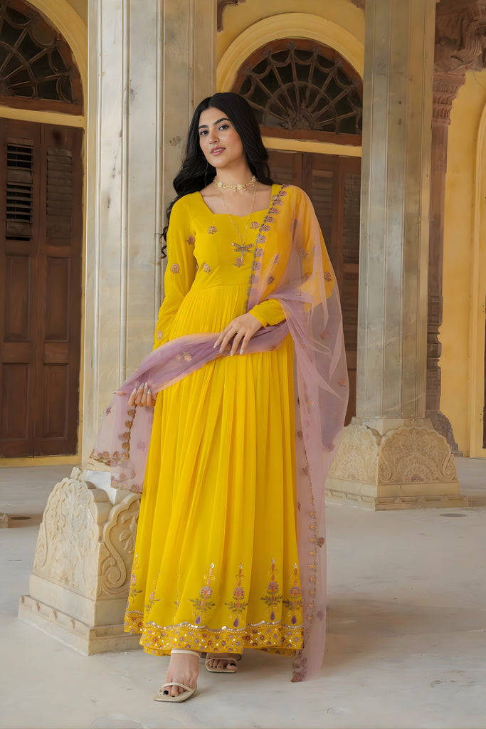 Elegant Mustard Yellow Embroidered Georgette Gown with Dupatta