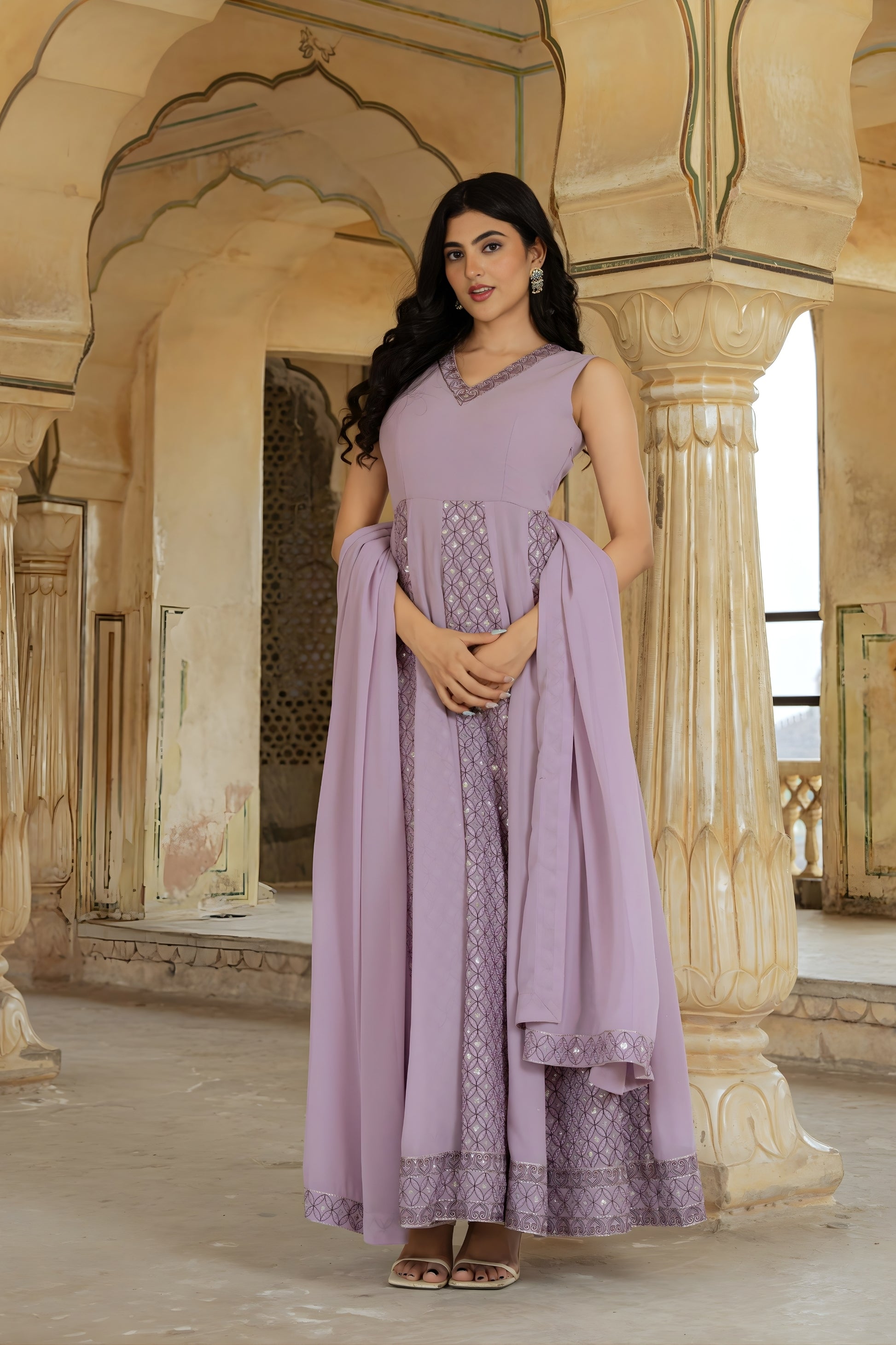 Stylish Lavender Embroidered Georgette Gown with Dupatta