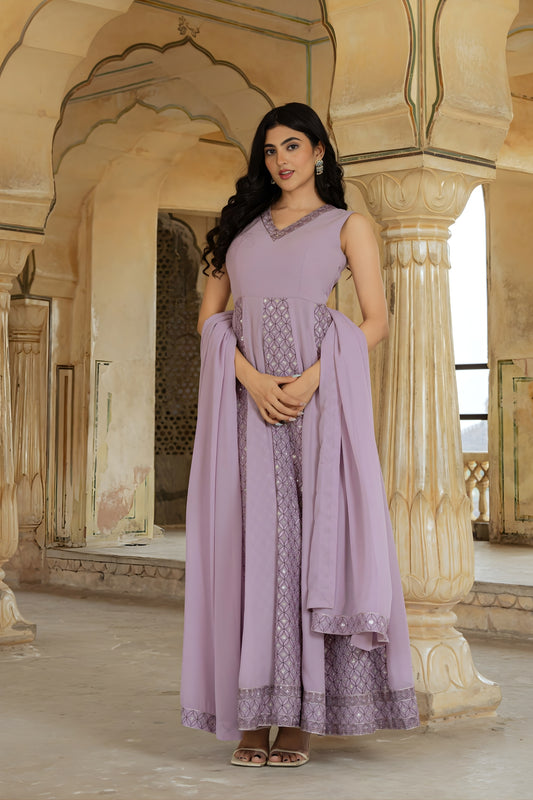 Stylish Lavender Embroidered Georgette Gown with Dupatta