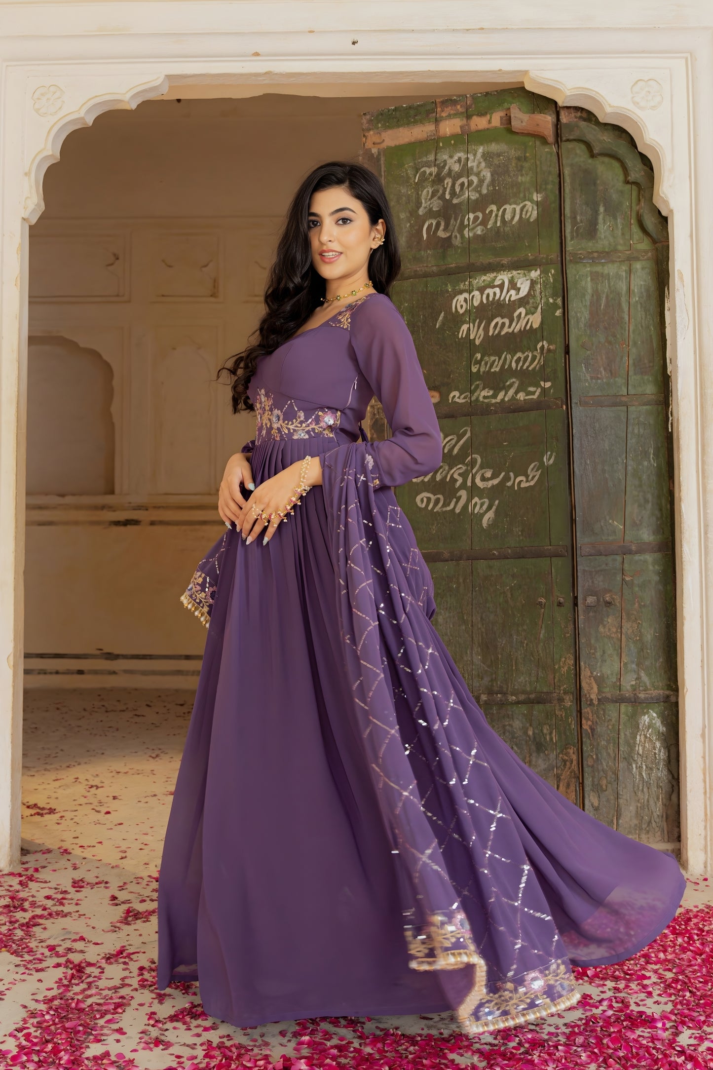 Royal Purple Embroidered Georgette Gown with Dupatta