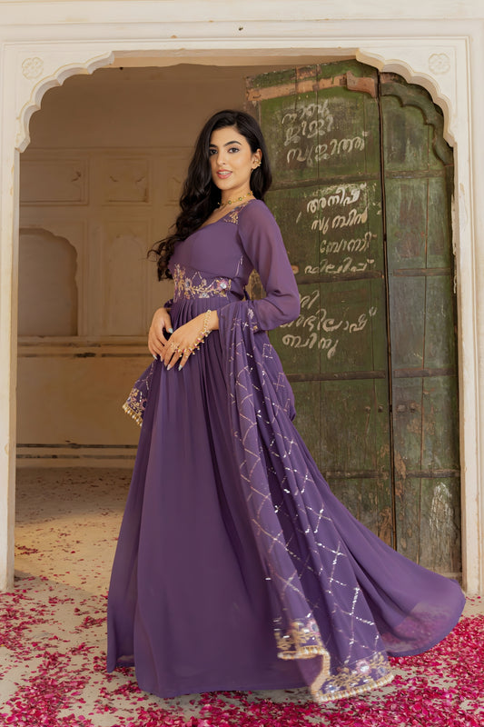 Royal Purple Embroidered Georgette Gown with Dupatta