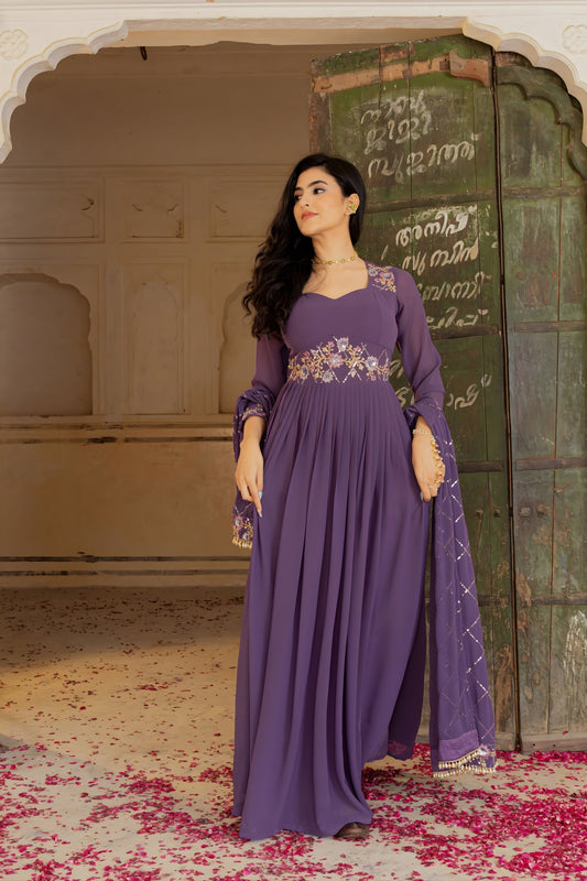 Royal Purple Embroidered Georgette Gown with Dupatta