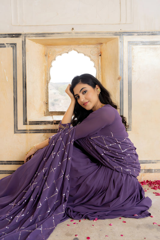 Royal Purple Embroidered Georgette Gown with Dupatta
