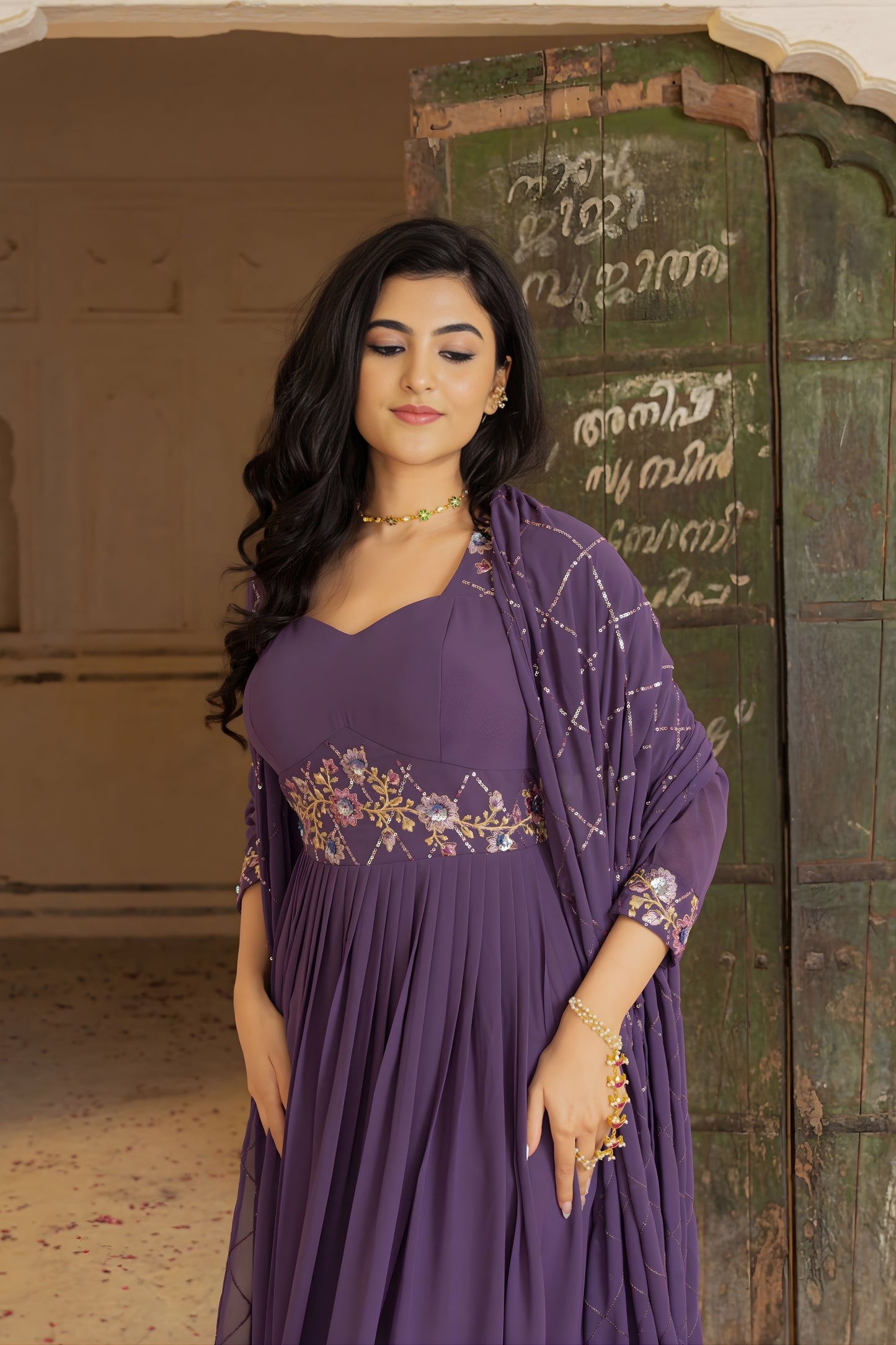 Royal Purple Embroidered Georgette Gown with Dupatta