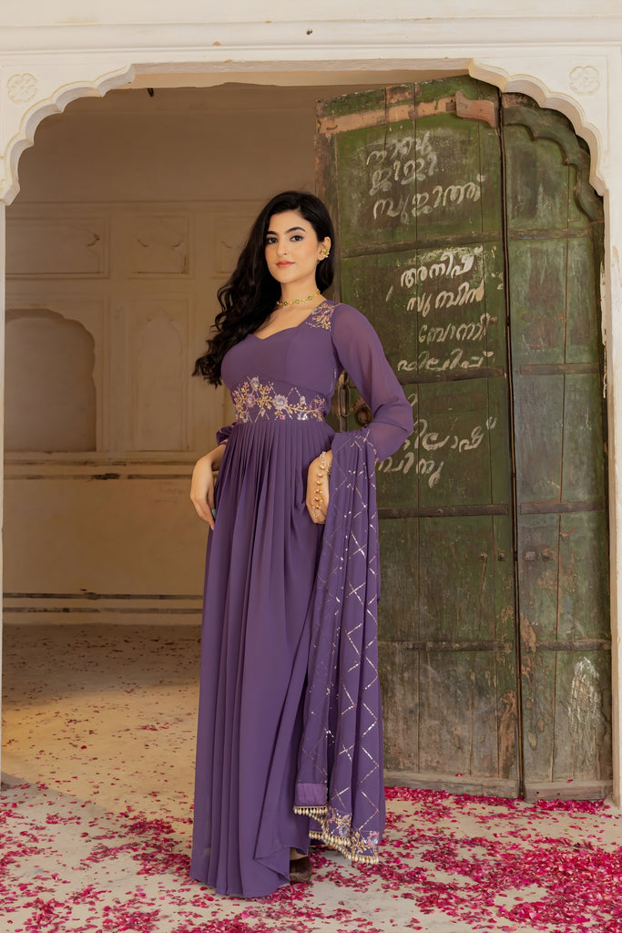 Royal Purple Embroidered Georgette Gown with Dupatta