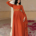 Trending Orange Embroidered Georgette Gown with Dupatta