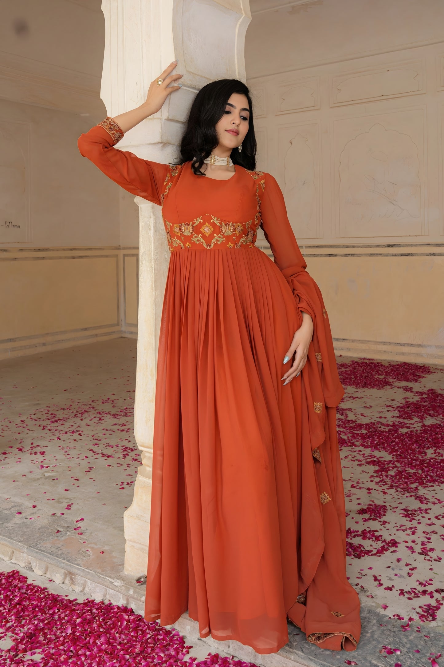 Trending Orange Embroidered Georgette Gown with Dupatta