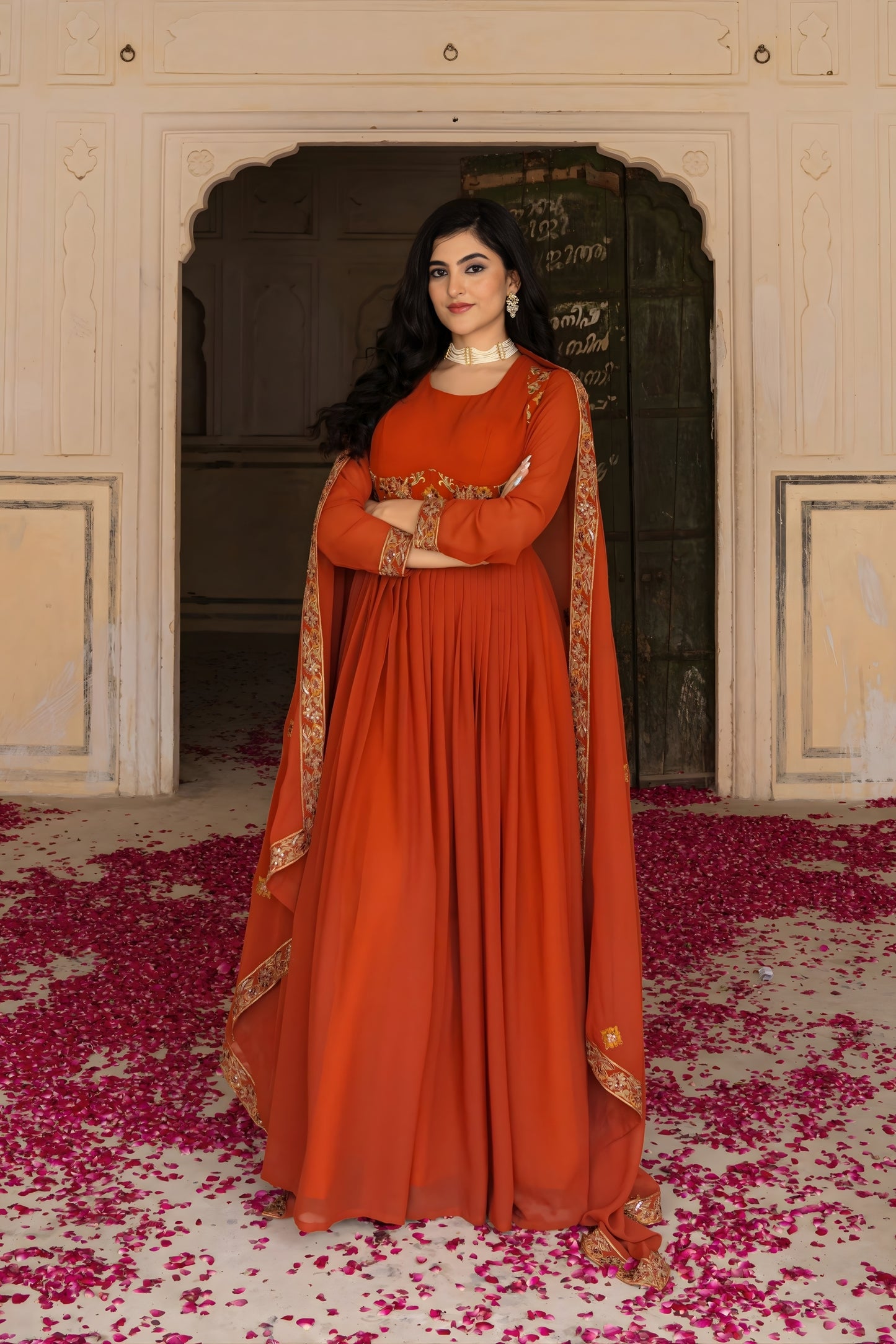 Trending Orange Embroidered Georgette Gown with Dupatta