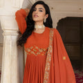 Trending Orange Embroidered Georgette Gown with Dupatta