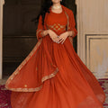 Trending Orange Embroidered Georgette Gown with Dupatta