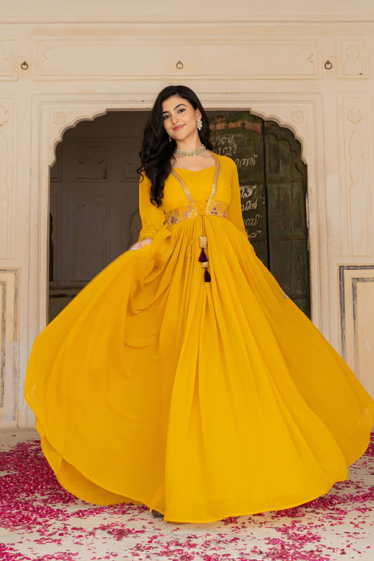 Perfect Mustard Yellow Embroidered Georgette Gown with Dupatta