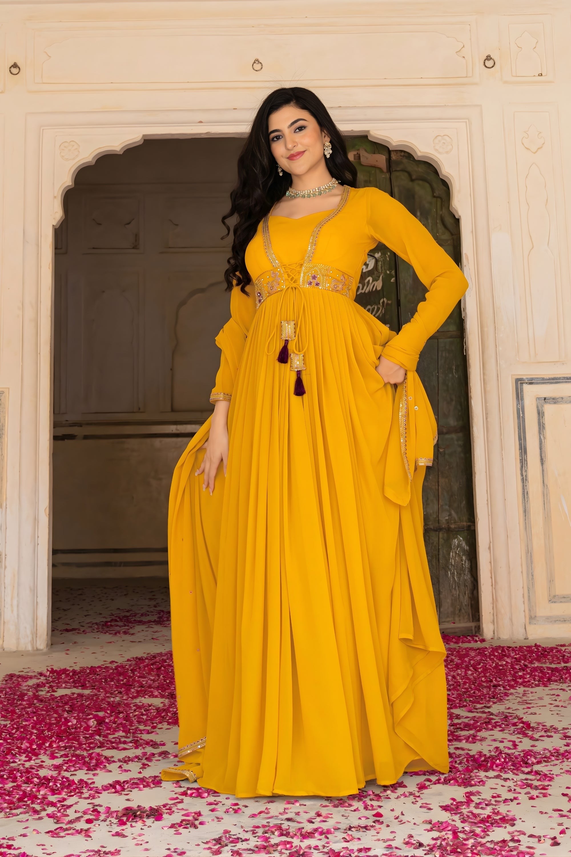 Perfect Mustard Yellow Embroidered Georgette Gown with Dupatta Mangaldeep NX Perfect Mustard Yellow Embroidered Georgette Gown with Dupatta Mangaldeep NX