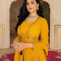 Perfect Mustard Yellow Embroidered Georgette Gown with Dupatta