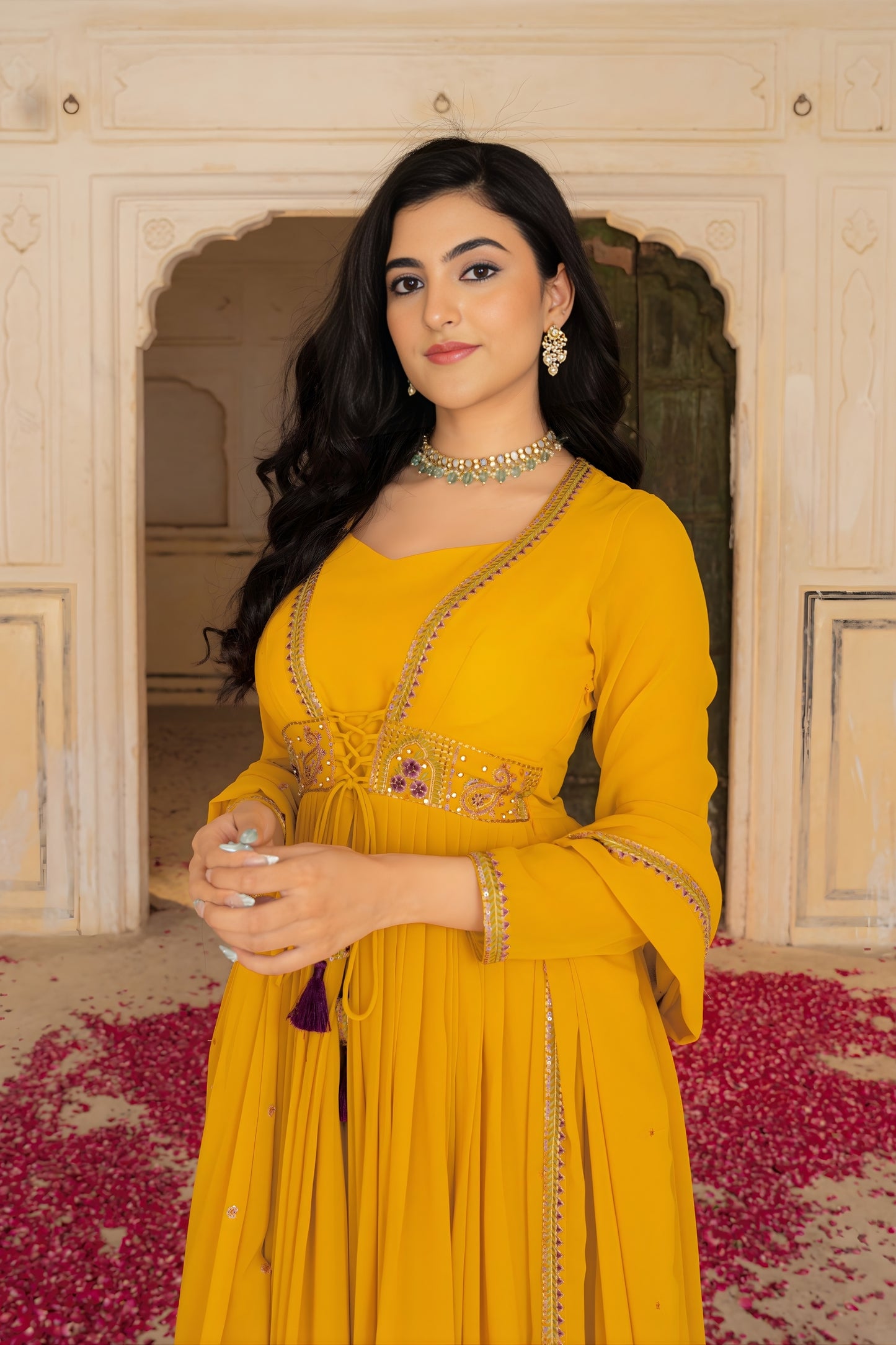 Perfect Mustard Yellow Embroidered Georgette Gown with Dupatta