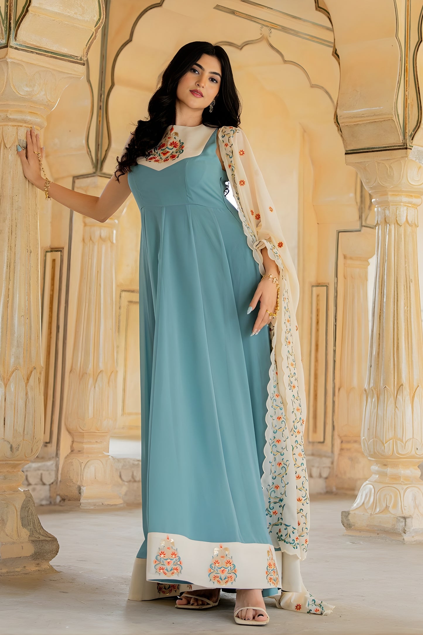 Impressive Blue Embroidered Georgette Gown with Dupatta