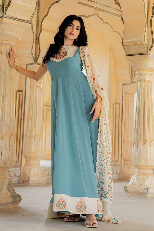 Impressive Blue Embroidered Georgette Gown with Dupatta