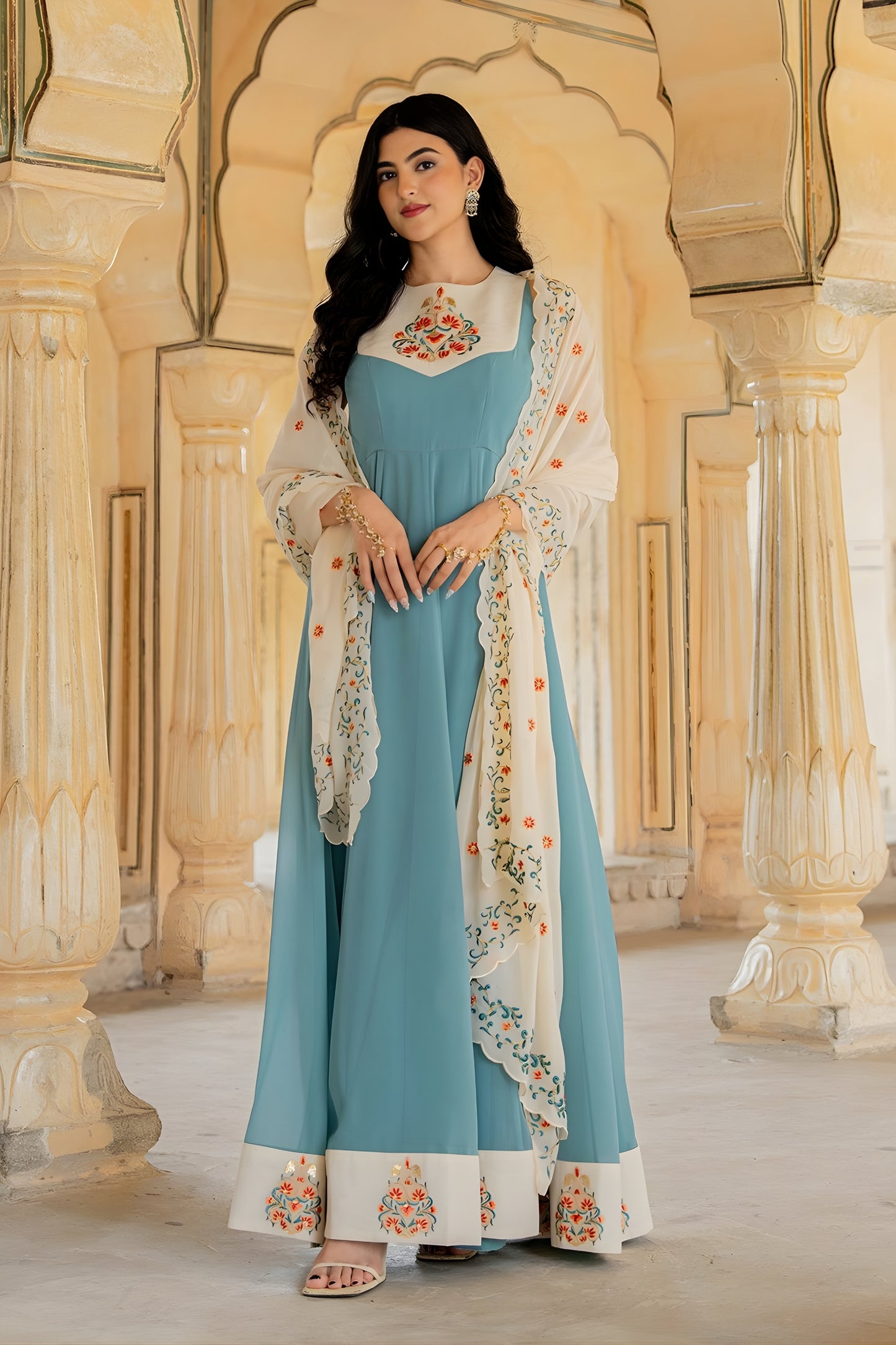 Impressive Blue Embroidered Georgette Gown with Dupatta