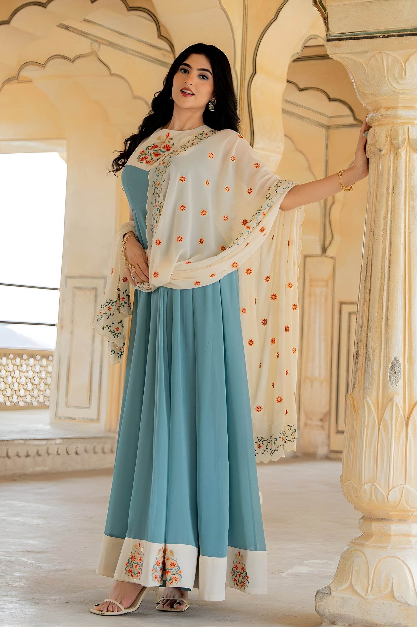 Impressive Blue Embroidered Georgette Gown with Dupatta