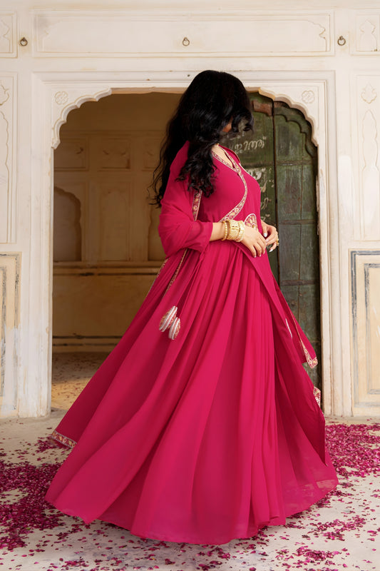 Beautiful Rani Pink Embroidered Georgette Gown with Dupatta