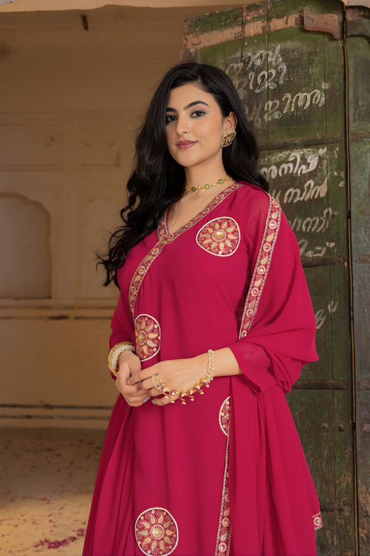 Beautiful Rani Pink Embroidered Georgette Gown with Dupatta