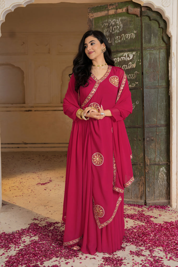 Beautiful Rani Pink Embroidered Georgette Gown with Dupatta
