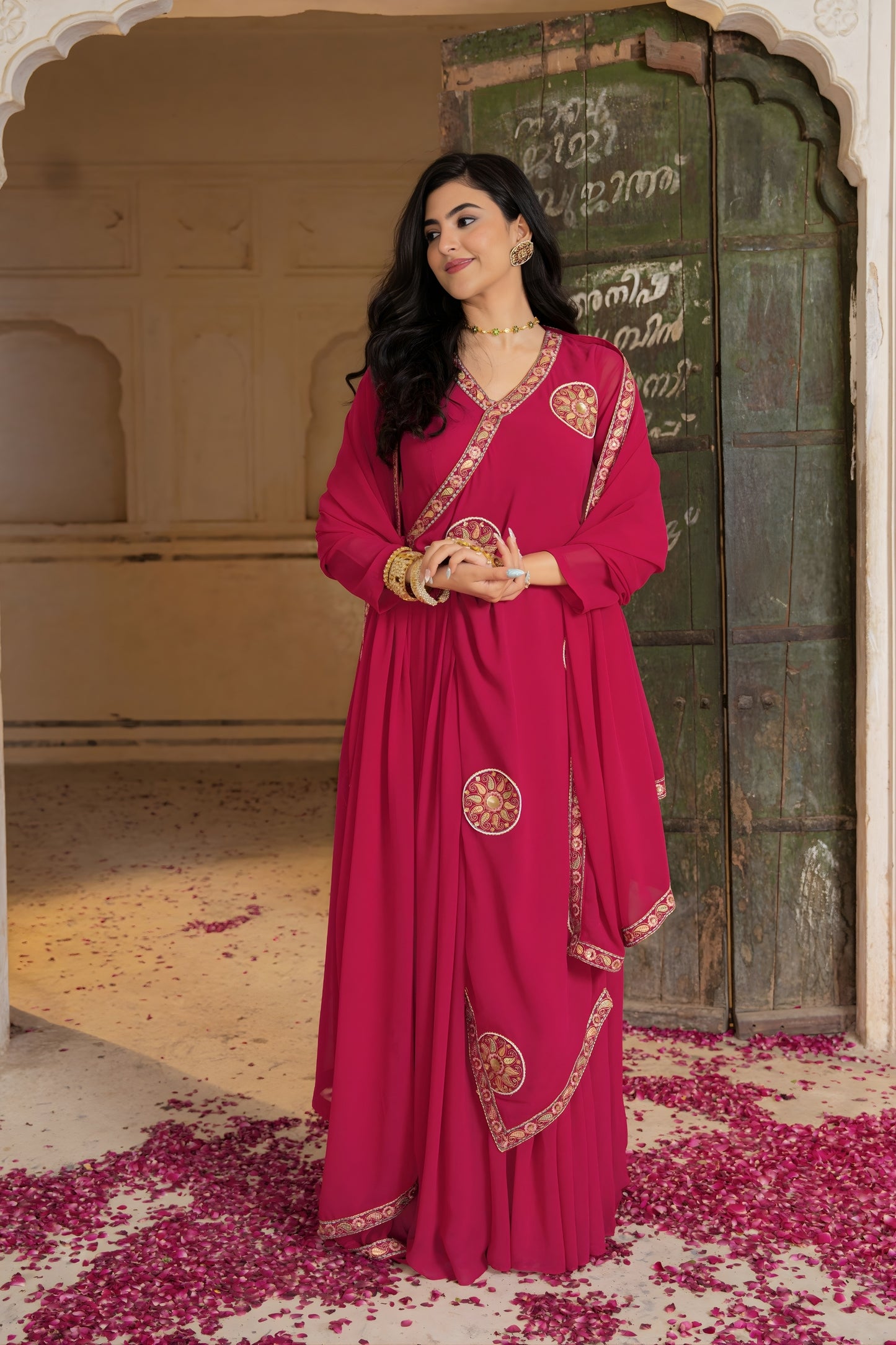 Beautiful Rani Pink Embroidered Georgette Gown with Dupatta