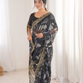Black Georgette Saree with Golden Embroidered Border Leaf Print