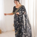 Black Georgette Saree with Golden Embroidered Border Leaf Print