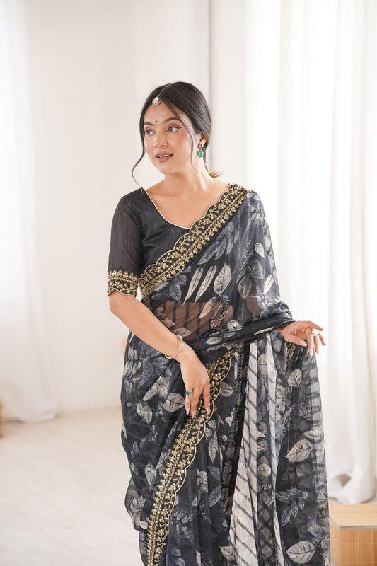 Black Georgette Saree with Golden Embroidered Border Leaf Print