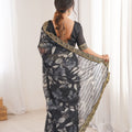 Black Georgette Saree with Golden Embroidered Border Leaf Print