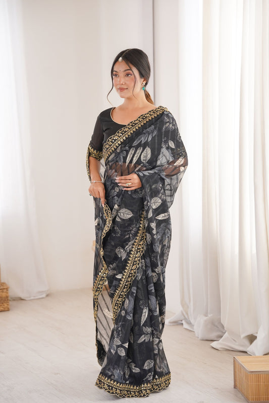Black Georgette Saree with Golden Embroidered Border Leaf Print