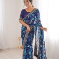 Navy Blue Georgette Leaf Print Saree with Golden Embroidered Border
