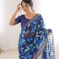 Navy Blue Georgette Leaf Print Saree with Golden Embroidered Border