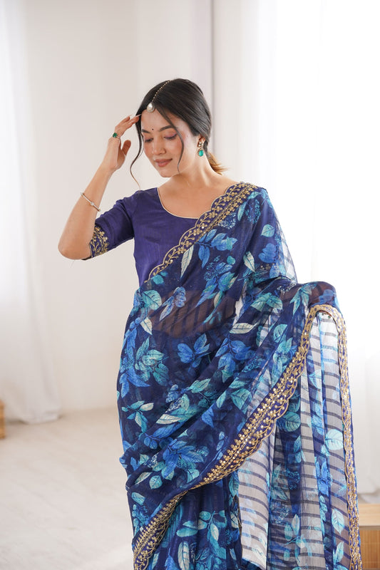 Navy Blue Georgette Leaf Print Saree with Golden Embroidered Border