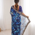 Navy Blue Georgette Leaf Print Saree with Golden Embroidered Border