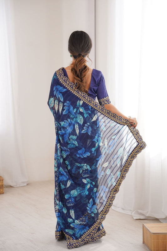 Navy Blue Georgette Leaf Print Saree with Golden Embroidered Border