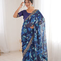 Navy Blue Georgette Leaf Print Saree with Golden Embroidered Border