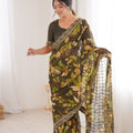 Olive Green Georgette Leaf Print Saree with Golden Embroidered Border