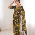 Olive Green Georgette Leaf Print Saree with Golden Embroidered Border