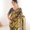 Olive Green Georgette Leaf Print Saree with Golden Embroidered Border