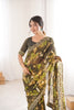 Olive Green Georgette Leaf Print Saree with Golden Embroidered Border
