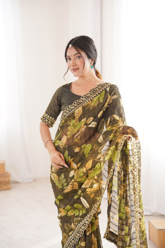 Olive Green Georgette Leaf Print Saree with Golden Embroidered Border