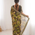 Olive Green Georgette Leaf Print Saree with Golden Embroidered Border
