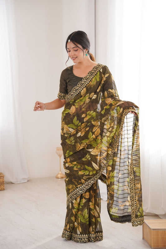 Olive Green Georgette Leaf Print Saree with Golden Embroidered Border