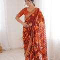 Rust Orange Georgette Leaf Print Saree with Golden Embroidered Border 